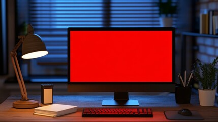 Computer screen showing red ransomware warning message in home office setting, highlighting cybersecurity threats and digital safety concerns.