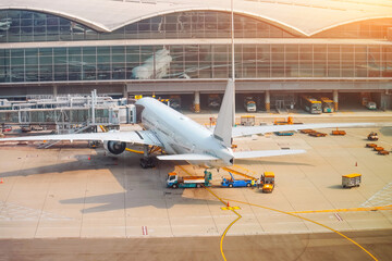 Poster - Airport building and passenger jet aircraft servicing flight bridge attached, back aerial view