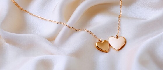 Elegant gold heart necklace on soft fabric background, symbolizing love and connection.