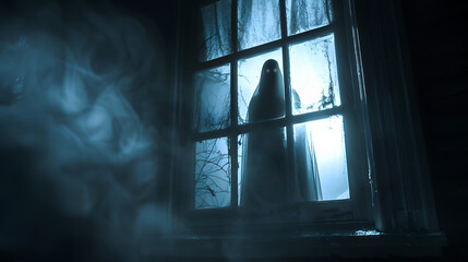 Wall Mural - Blurred ghost silhouette in bedroom window at night horror scene on Halloween
