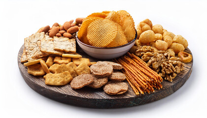 Food Illustration of snacks, cookie, nuts and chips isolated on white background