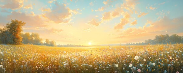 Summer meadow panorama with golden hour sunlight illuminating a lush field of wildflowers, distant treeline, and a soft pastel sky for a dreamy landscape