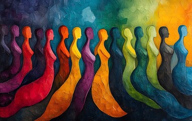 Wall Mural - dynamic scene of stylized human figures in motion, forming an abstract crowd that merges and overlap