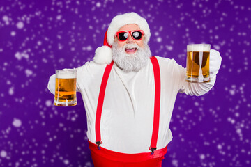 Wall Mural - portrait of nice drunk cheerful cheery glad bearded thick fat santa having fun offering drinking bee