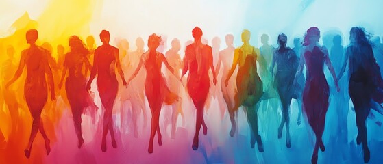 Wall Mural - stylized human figures in motion creating an abstract crowd, overlapping and merging to symbolize un