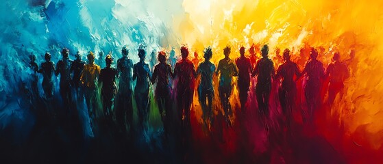 Wall Mural - stylized human figures in motion creating an abstract crowd, overlapping and merging to symbolize un