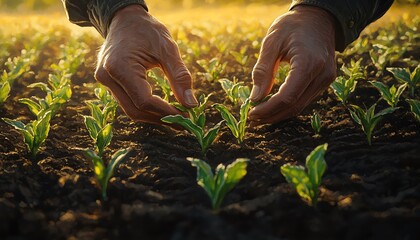 Intimate view of farmers hands examining young corn sprouts in a sunlit field, conveying the importance of growth and sustainable farming methods