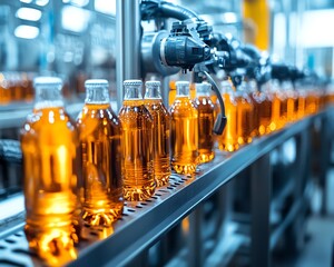 Closeup of hightech automated beverage production, showcasing a bottling line with gleaming stainless steel machinery and efficient robotic arms for optimal performance