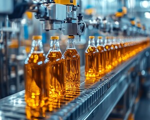Aufkleber - Closeup of hightech automated beverage production, showcasing a bottling line with gleaming stainless steel machinery and efficient robotic arms for optimal performance