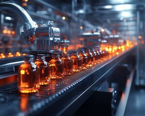 Aufkleber - Futuristic automated beverage production with a hightech bottling line, featuring stainless steel machinery and precise robotic arms, exemplifying industrial efficiency