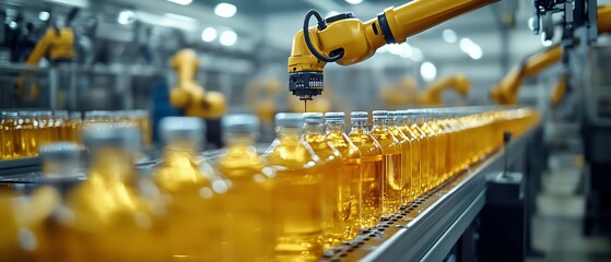 Aufkleber - Hightech automated beverage production with a sleek bottling line, gleaming stainless steel machinery, and robotic arms, emphasizing industrial efficiency and precision