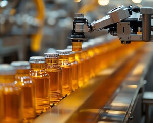Aufkleber - Hightech bottling line in automated beverage production, featuring gleaming stainless steel equipment and robotic arms, highlighting industrial efficiency and precision