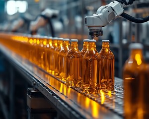 Aufkleber - Hightech bottling line in automated beverage production, featuring gleaming stainless steel equipment and robotic arms, highlighting industrial efficiency and precision