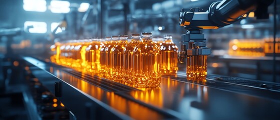 Aufkleber - Industrial beverage production scene with a hightech bottling line, showcasing gleaming stainless steel machinery and precise robotic arms for maximum efficiency