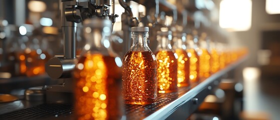 Aufkleber - Industrial beverage production scene with a hightech bottling line, showcasing gleaming stainless steel machinery and precise robotic arms for maximum efficiency