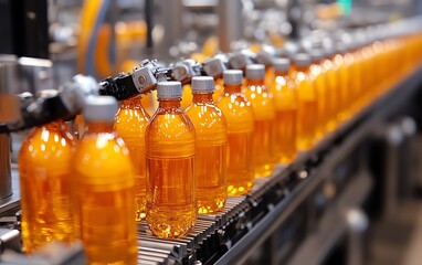 Aufkleber - Advanced automated beverage production with a focus on hightech bottling lines, featuring shining stainless steel machinery and efficient robotic arms at work