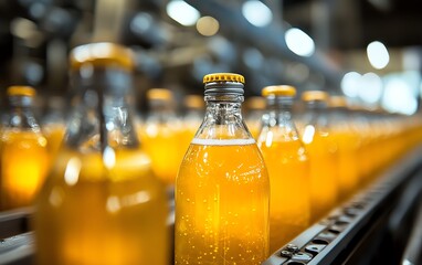 Aufkleber - Advanced automated beverage production with a focus on hightech bottling lines, featuring shining stainless steel machinery and efficient robotic arms at work