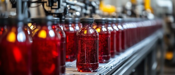 Aufkleber - Automated beverage production featuring a hightech bottling line with gleaming stainless steel machinery and precise robotic arms, showcasing industrial efficiency