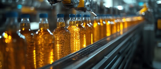 Aufkleber - Automated beverage production featuring a hightech bottling line with gleaming stainless steel machinery and precise robotic arms, showcasing industrial efficiency