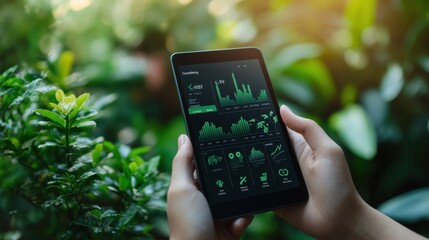 a close-up of hands holding a digital device displaying a carbon footprint tracker, with numbers and