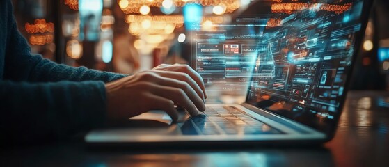 Aufkleber - Businessman browsing through an online shopping platform on a laptop, virtual screen displaying checkout and delivery options