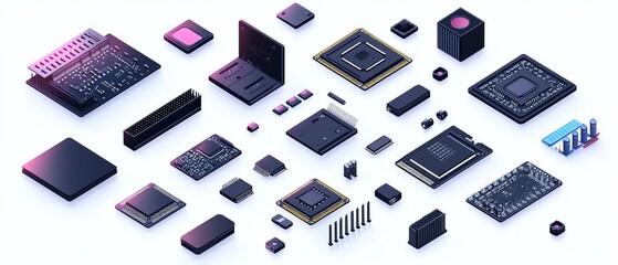 Poster - Modern microprocessor set displayed in an isometric style, including chips, capacitors, and motherboard components against a white backdrop