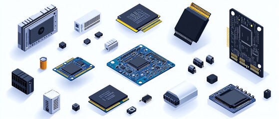 Poster - Modern microprocessor set displayed in an isometric style, including chips, capacitors, and motherboard components against a white backdrop
