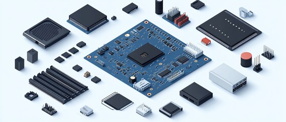 Poster - Modern microprocessor set displayed in an isometric style, including chips, capacitors, and motherboard components against a white backdrop