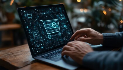Aufkleber - Techsavvy businessman interacting with a laptop, virtual screen displaying innovative online shopping features with express home delivery