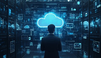 Leinwandbilder - A professional businessman showcasing cloud computing infographics and technology icons in a stockgenerated concept of tech innovation