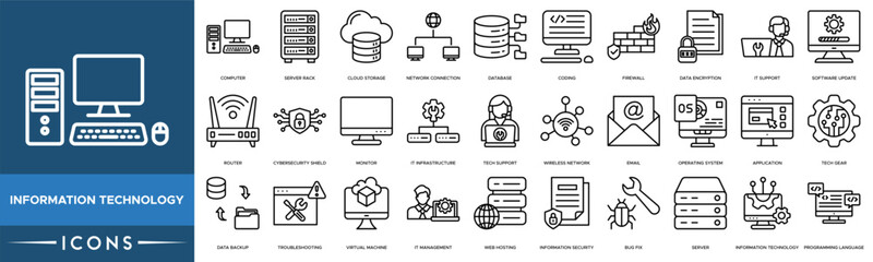 information technology icon. computer, server rack, cloud storage, network connection and database