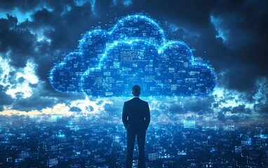 Fototapete - Dynamic stock image of a businessman with cloud computing visuals and technology symbols, highlighting the future of digital innovation and transformation