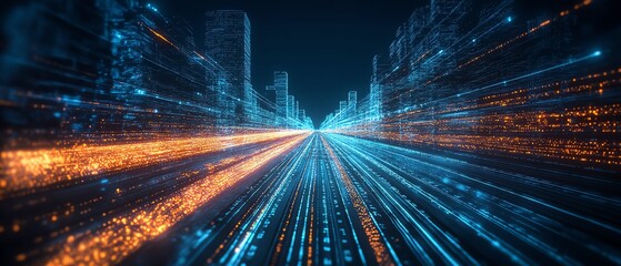 Aufkleber - Futuristic visualization of an information highway with luminous streams of light, emphasizing speed and efficiency in data transfer