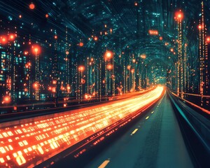 Poster - Illustration of an information highway filled with radiant streams of light, symbolizing the exchange of information and digital communication