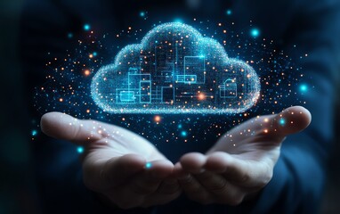 Leinwandbilder - Professional image of a businessman displaying cloud computing data and technology icons, emphasizing innovation and digital transformation in a stock concept