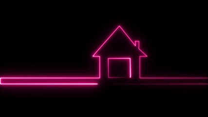 Glowing neon line Map pointer with house icon isolated on black background.