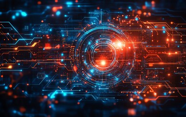 Poster - Stock image showcasing innovation in cyber technology, featuring futuristic digital elements and abstract patterns on a dark background