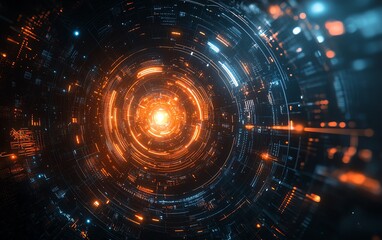 Poster - Stock image showcasing innovation in cyber technology, featuring futuristic digital elements and abstract patterns on a dark background