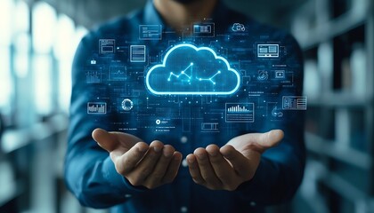 Poster - A businessman showcasing cloud computing infographics along with technology icons, representing a stockgenerated theme of innovation and change