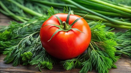 Vibrant photo of a red tomato surrounded by green scallion and dill at a tilted angle