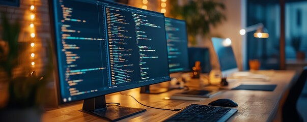 Poster - A vibrant image of website development activities in a software company, showcasing coding technologies and an engaging workspace for developers