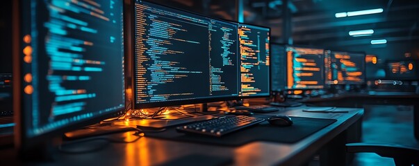 A vibrant image of website development activities in a software company, showcasing coding technologies and an engaging workspace for developers