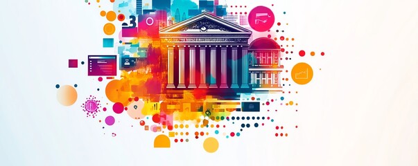 Poster - Colorful abstract design with financial technology icons, showcasing advancements in digital finance and innovative banking systems