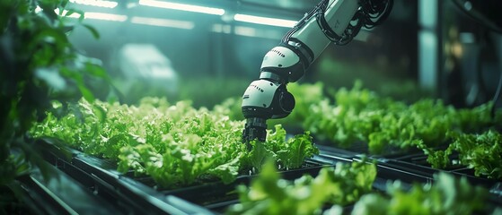 Aufkleber - Hightech greenhouse scene featuring hydroponic lettuce being harvested by a robotic arm, illustrating advancements in smart agricultural practices