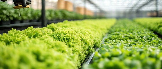 Aufkleber - Hightech greenhouse scene featuring hydroponic lettuce being harvested by a robotic arm, illustrating advancements in smart agricultural practices