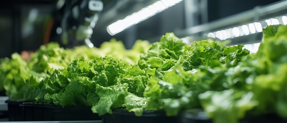 Aufkleber - Hightech greenhouse scene featuring hydroponic lettuce being harvested by a robotic arm, illustrating advancements in smart agricultural practices