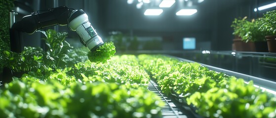 Aufkleber - Hightech greenhouse scene featuring hydroponic lettuce being harvested by a robotic arm, illustrating advancements in smart agricultural practices