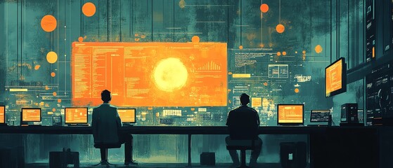 Poster - Illustration of a software company engaged in website coding technologies, highlighting innovative tools and a collaborative atmosphere among developers