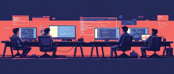 Poster - Illustration of a software company engaged in website coding technologies, highlighting innovative tools and a collaborative atmosphere among developers