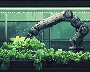 Aufkleber - Illustration of automated hydroponic lettuce harvesting with a robotic arm in a smart farming greenhouse, emphasizing advanced agricultural techniques